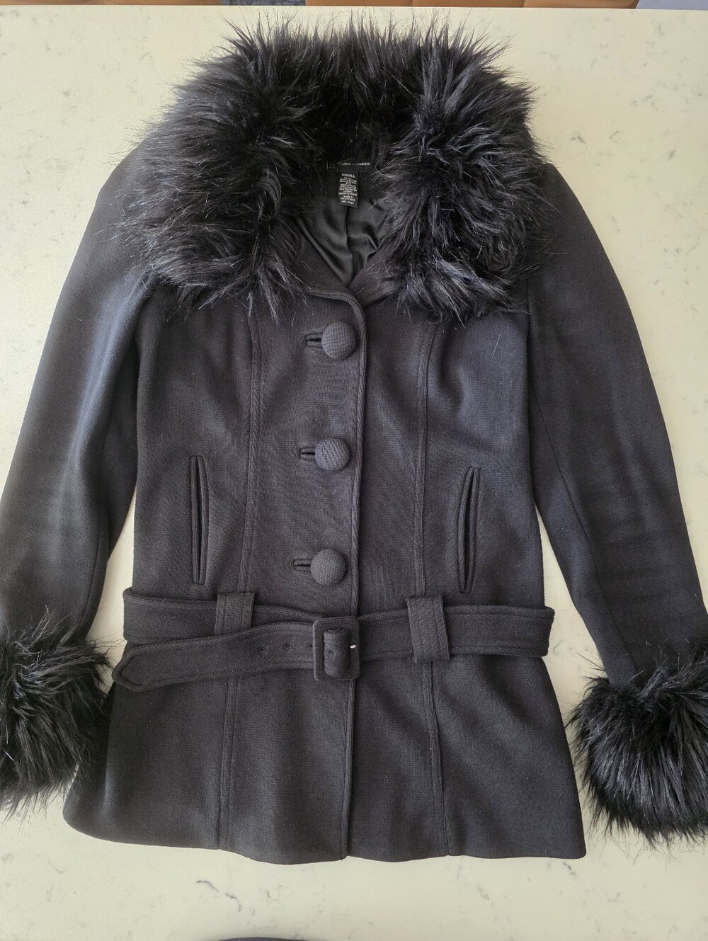 INC International Concepts Black Belted Pea Coat Removable Fur Trim